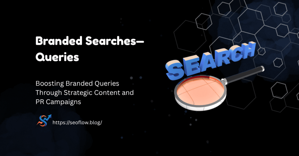 A professional dark-themed graphic titled "Branded Searches—Queries" featuring a 3D magnifying glass hovering over the word "SEARCH" with floating hexagonal patterns
