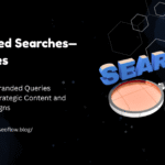 A professional dark-themed graphic titled "Branded Searches—Queries" featuring a 3D magnifying glass hovering over the word "SEARCH" with floating hexagonal patterns