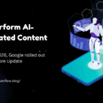 Digital illustration featuring a white robot standing on a glowing smartphone, surrounded by floating data charts and holographic interfaces, with the text "Outperform AI-Generated Content" and a mention of the March 2026 Google Core Update on a dark background.