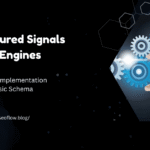 A dark, professional banner titled "Structured Signals for AI Engines: Advanced Implementation Beyond Basic Schema" featuring a hand adjusting a glowing blue gear within a complex mechanical system