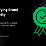 Amplifying Brand Authority blog banner featuring a green award ribbon icon with a checkmark on a dark, technical background.