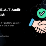 Full E-E-A-T Audit Checklist banner featuring a handshake icon with a green checkmark on a dark background with hexagonal patterns.