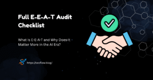 Full E-E-A-T Audit Checklist banner featuring a handshake icon with a green checkmark on a dark background with hexagonal patterns.