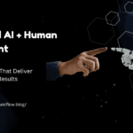 A high-contrast graphic titled "Hybrid AI + Human Content" showing a human hand and a robotic hand reaching toward each other against a dark background with geometric hexagonal patterns