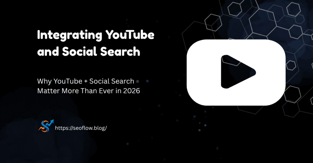 Integrating YouTube and Social Search blog banner featuring a white video play icon on a dark hexagonal background.