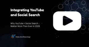 Integrating YouTube and Social Search blog banner featuring a white video play icon on a dark hexagonal background.