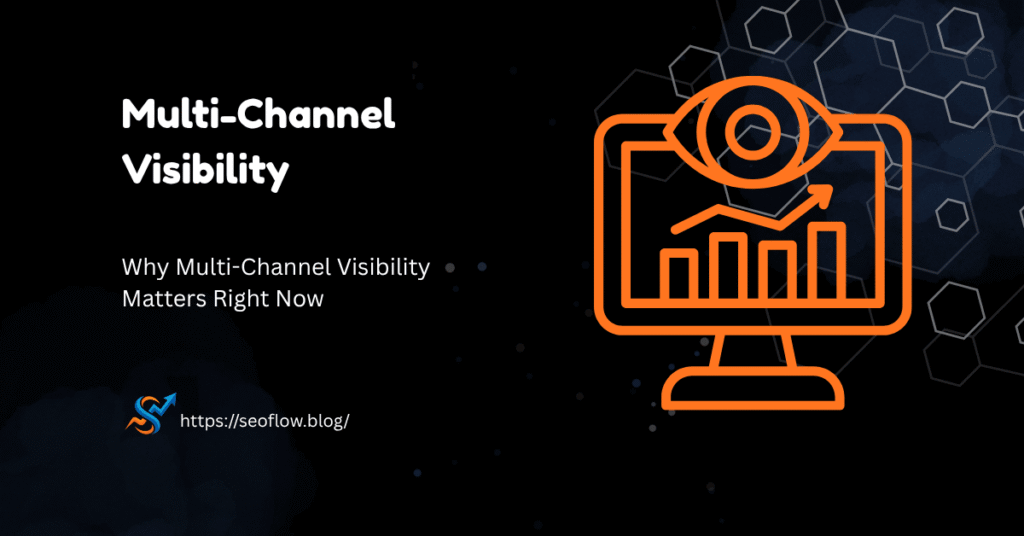 Infographic with the heading "Multi-Channel Visibility" featuring an orange monitor icon with an eye and a rising growth graph, set against a dark background