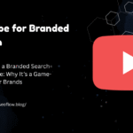 A professional banner with the title "YouTube for Branded Search" and a subtitle explaining its impact on brands. The design features a large red YouTube play button with a magnifying glass icon, a dark background with hexagonal patterns, and the "SEO Flow" logo with a URL.